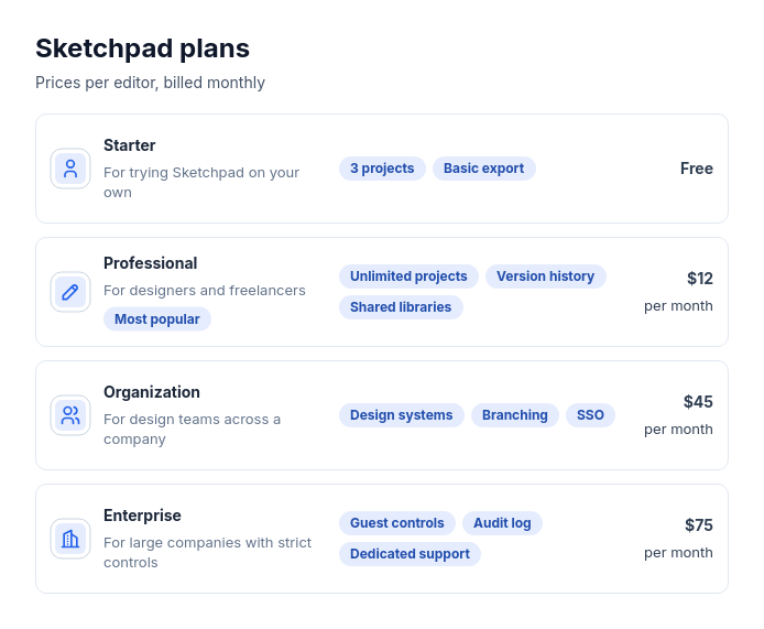 Pricing: stacked rows template preview